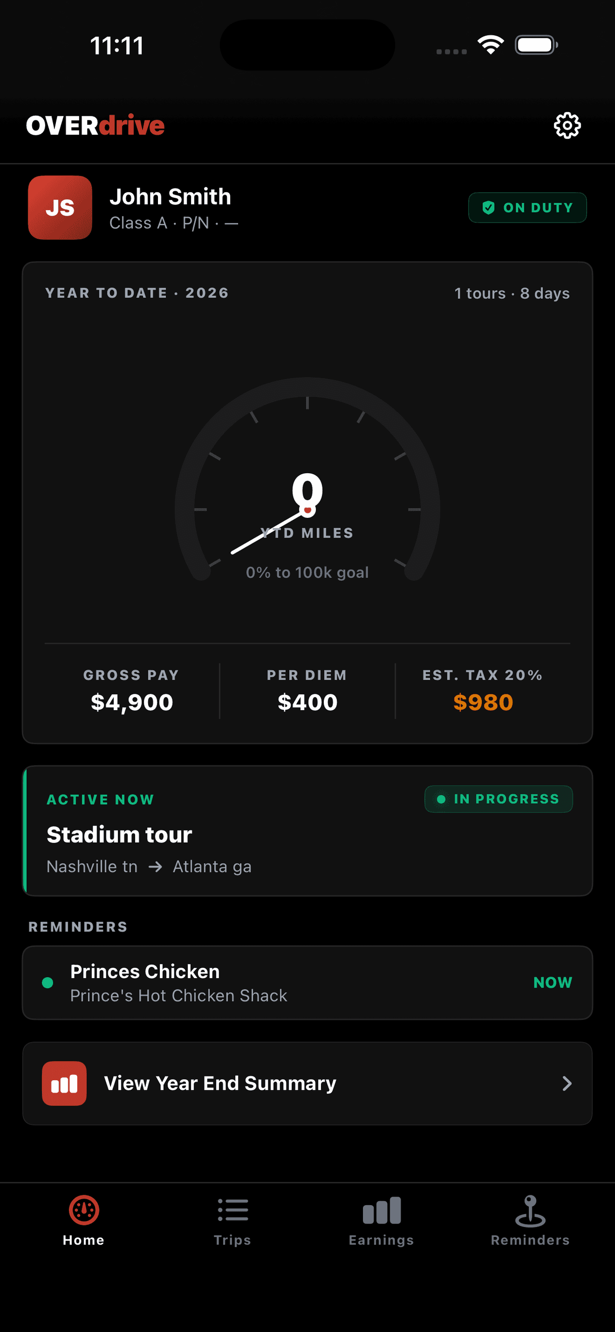 The OVERdrive Dispatch home screen, showing year-to-date miles, gross pay and the active tour