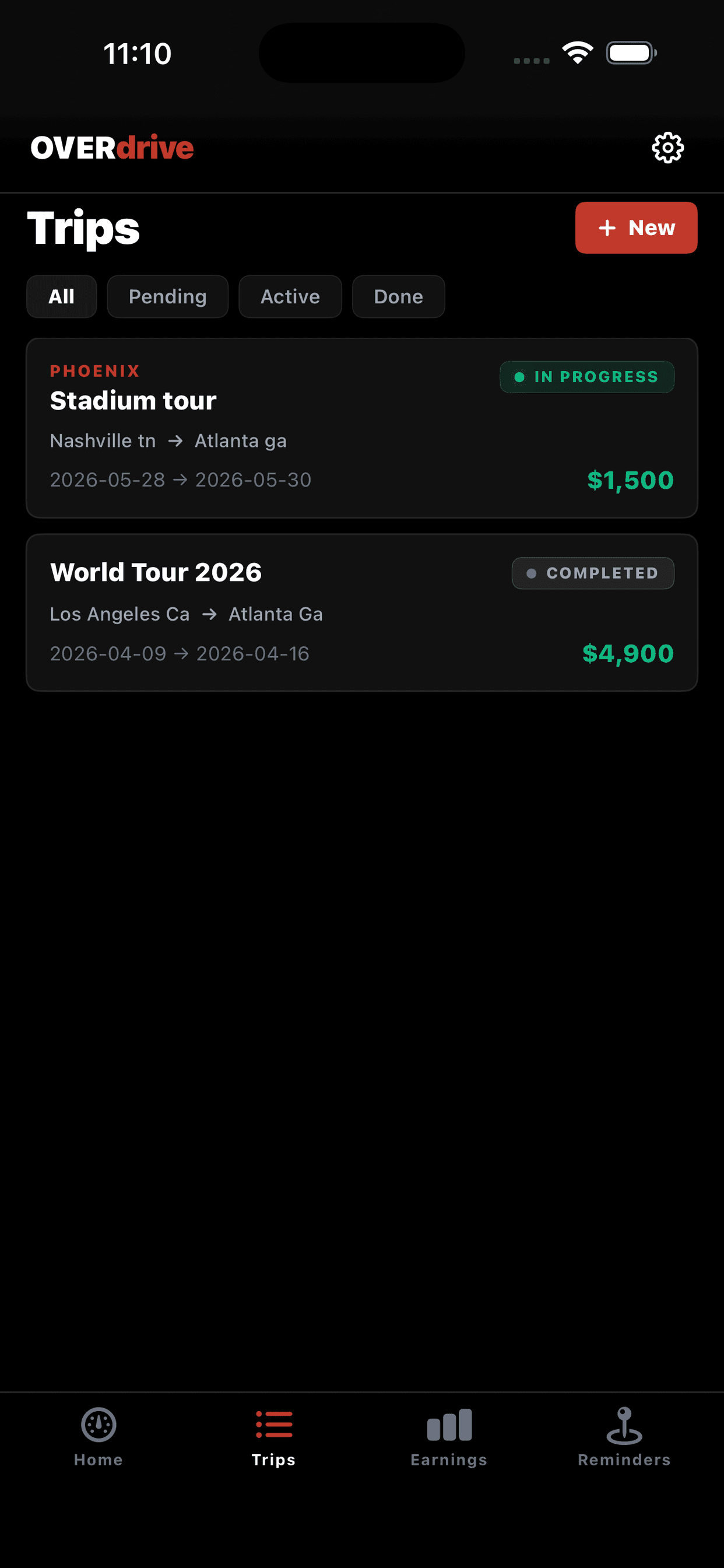 The Trips screen in OVERdrive Dispatch, listing tours with dates and pay